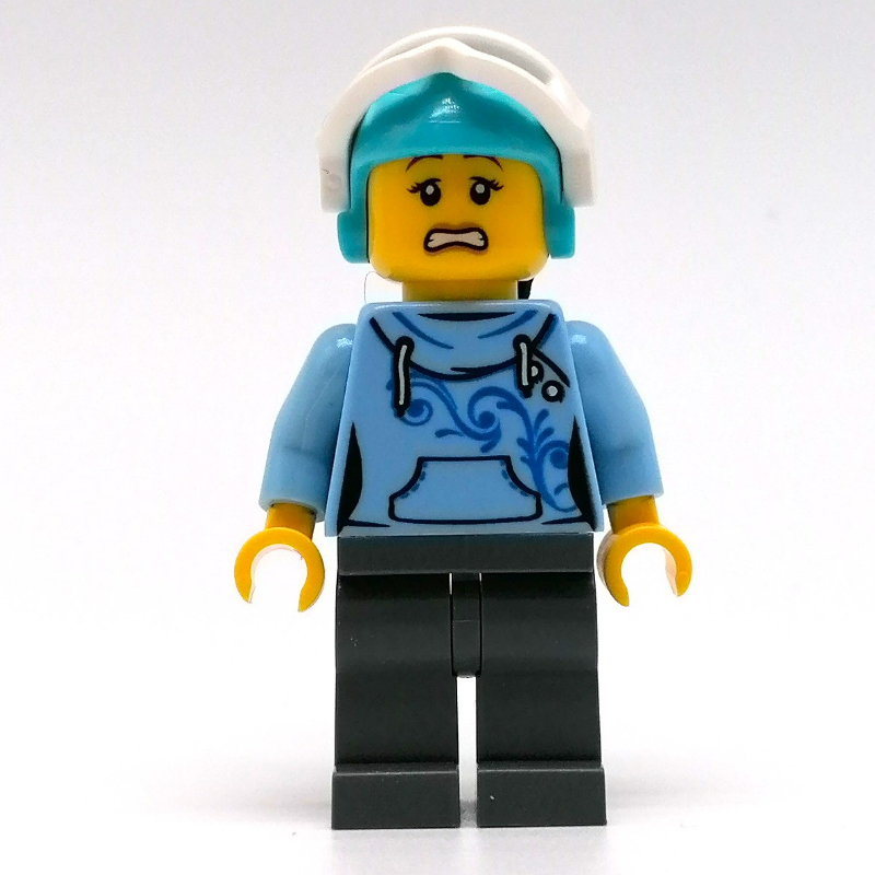 LEGO Woman, Bright Light Blue Hoodie, Dark Bluish Gray Legs, Medium Azure Helmet with Hair and Snow Goggles (fig-009833)
