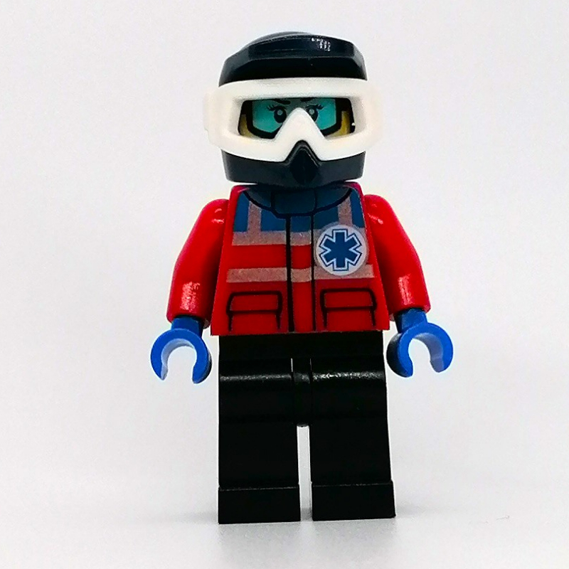 LEGO Paramedic, Woman, Red Jacket with Star of Life, Dark Blue Dirt Bike Helmet with Snow Goggles, Printed Snow Goggles (fig-009834)