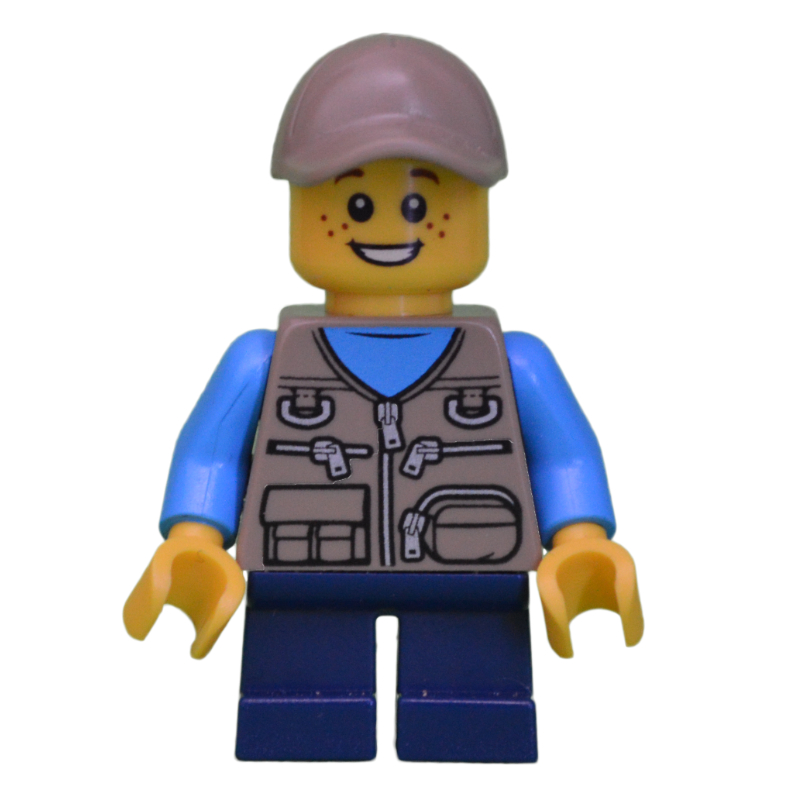 LEGO Boy, Dark Tan Vest with Zippers and Pouches, Short Dark Blue Legs, Dark Tan Cap (fig-009836)