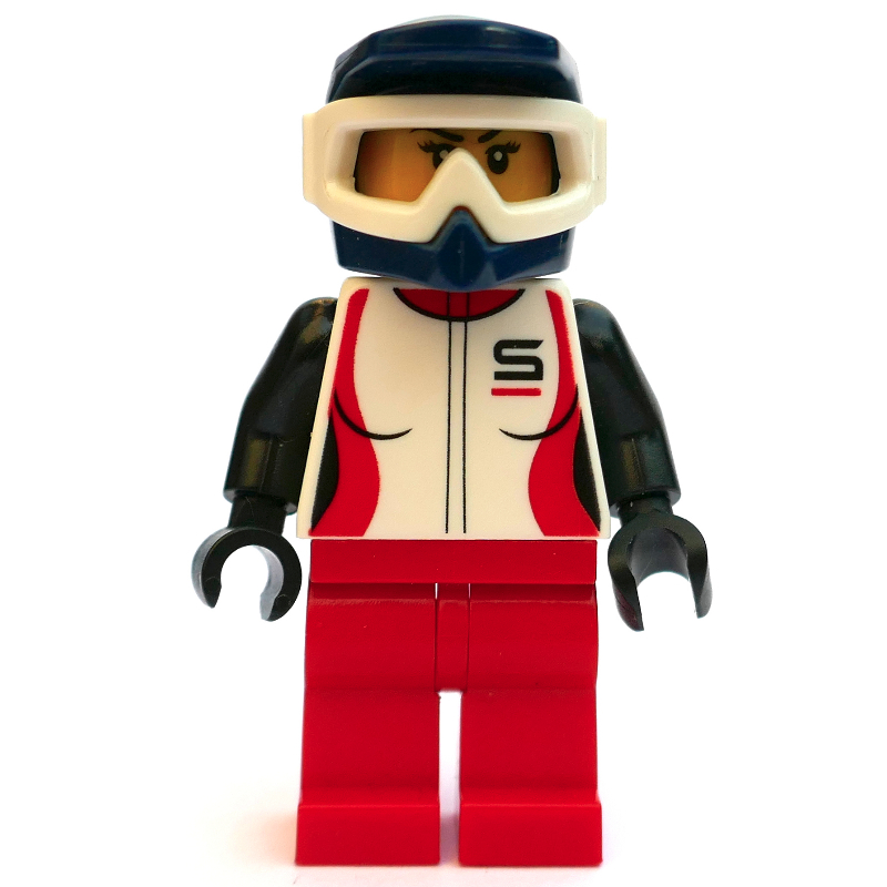 LEGO Racer, Woman, White, Black and Red Jacket, Red Legs, Dark Blue Dirt Bike Helmet with Goggles, Dirt Stains (fig-009840)
