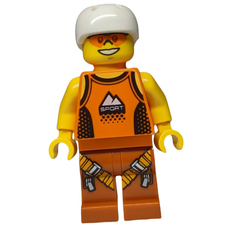 LEGO Man, Orange Tank Top with 'SPORT', Dark Orange Legs with Straps, White Helmet, Orange Safety Glasses (fig-009841)