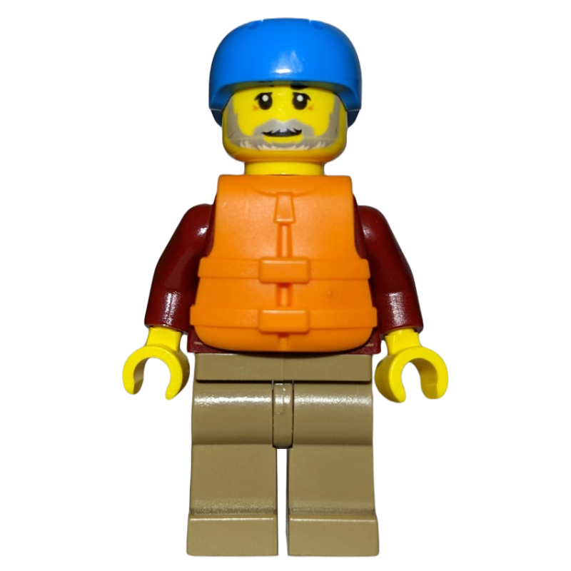 LEGO Man, Open Dark Red Jacket, Dark Tan Legs, Dark Azure Helmet, Orange Life Vest, Beard (fig-009842)