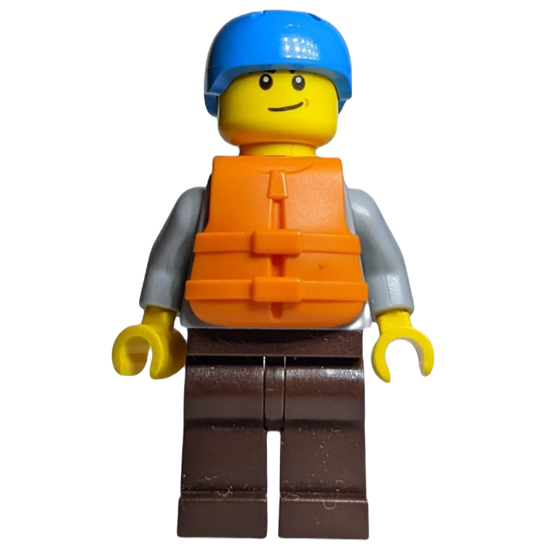 LEGO Man, Light Bluish Gray Hoodie over Dark Red Shirt, Dark Brown Legs, Dark Azure Helmet, Orange Life Vest (fig-009843)