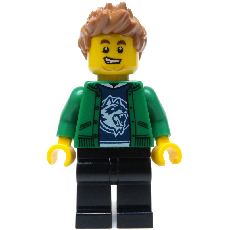 LEGO Man, Open Green Jacket, Black Legs, Medium Nougat Hair (fig-009845)