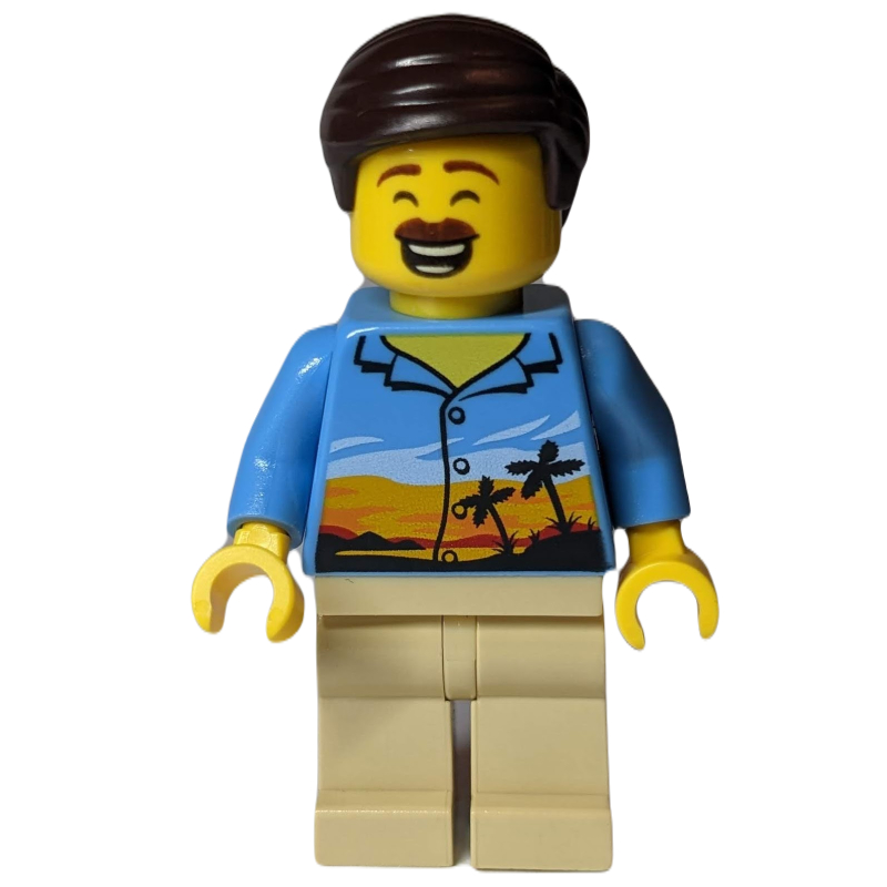 LEGO Man, Medium Blue Shirt with Palm Trees and Sunset, Tan Legs, Dark Brown Hair, Moustache (fig-009846)