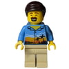 Man, Medium Blue Shirt with Palm Trees and Sunset, Tan Legs, Dark Brown Hair, Moustache