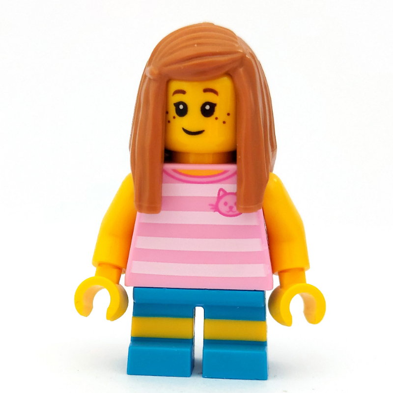 LEGO Girl, Bright Pink Striped Top with Cat Head, Dark Azure Shorts, Medium Nougat Hair (fig-009847)