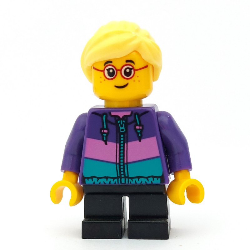 LEGO Girl, Dark Purple Jacket, Short Black Legs, Bright Light Yellow Hair (fig-009848)