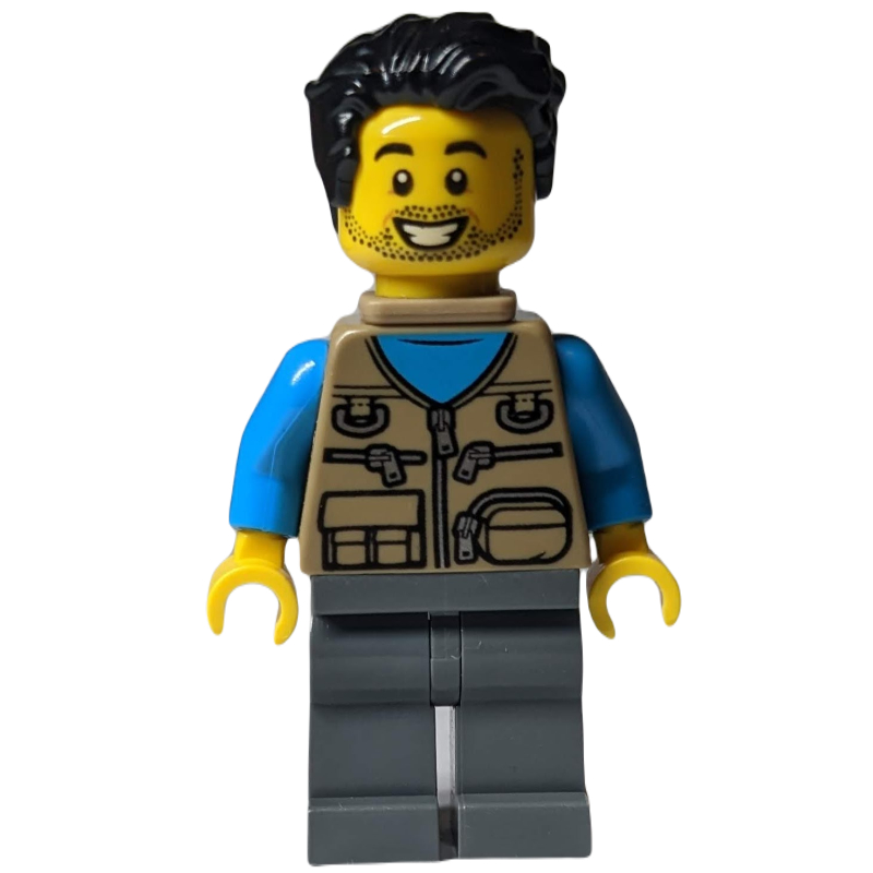 LEGO Man, Dark Tan Vest with Zippers and Pouches, Black Hair, Baby Carrier, Stubble (fig-009850)