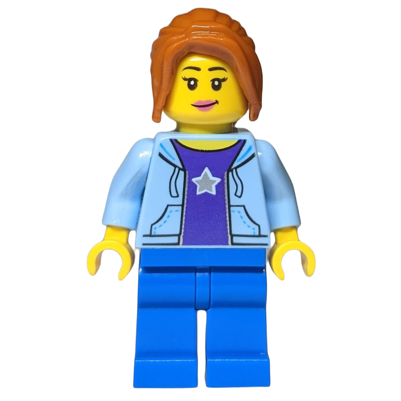 LEGO Woman, Open Bright Light Blue Hoodie over Dark Purple Shirt with Star, Blue Legs, Dark Orange Hair (fig-009853)