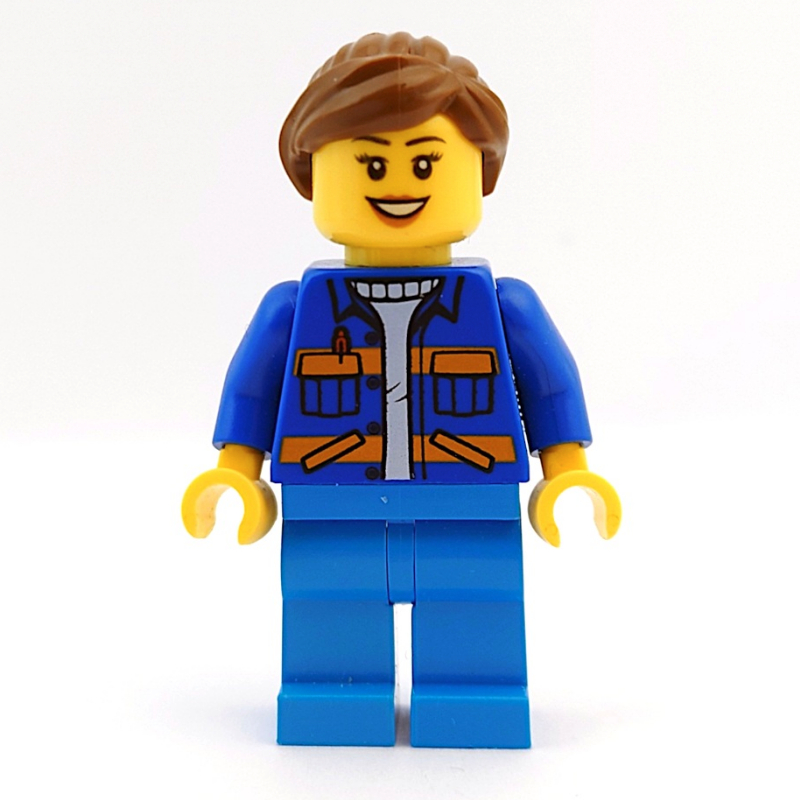LEGO Worker, Woman, Blue Jacket with Orange Stripes, Dark Azure Legs, Reddish Brown Hair (fig-009854)