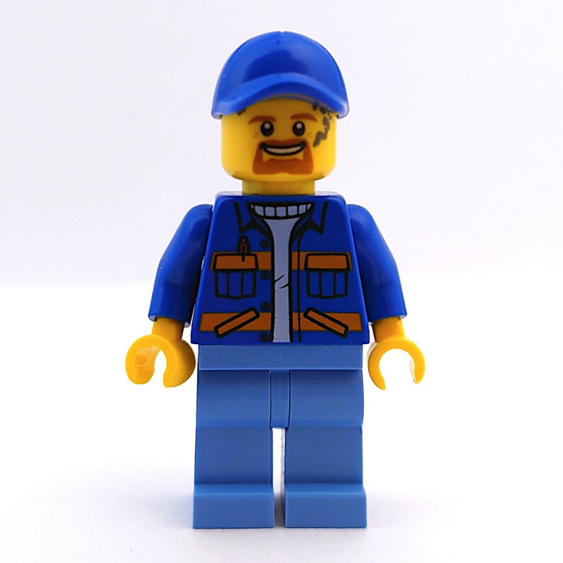 LEGO Worker, Blue Jacket with Orange Stripes, Medium Blue Legs, Blue Cap, Goatee Beard (fig-009855)