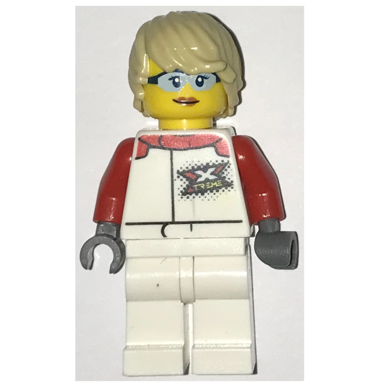 LEGO Racer, Woman, White and Red Jumpsuit, Tan Hair, Safety Glasses (fig-009856)