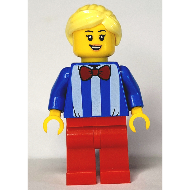 LEGO Woman, Blue and White Stripe Shirt with Red Bow Tie, Red Legs, Bright Light Yellow Hair (fig-009858)