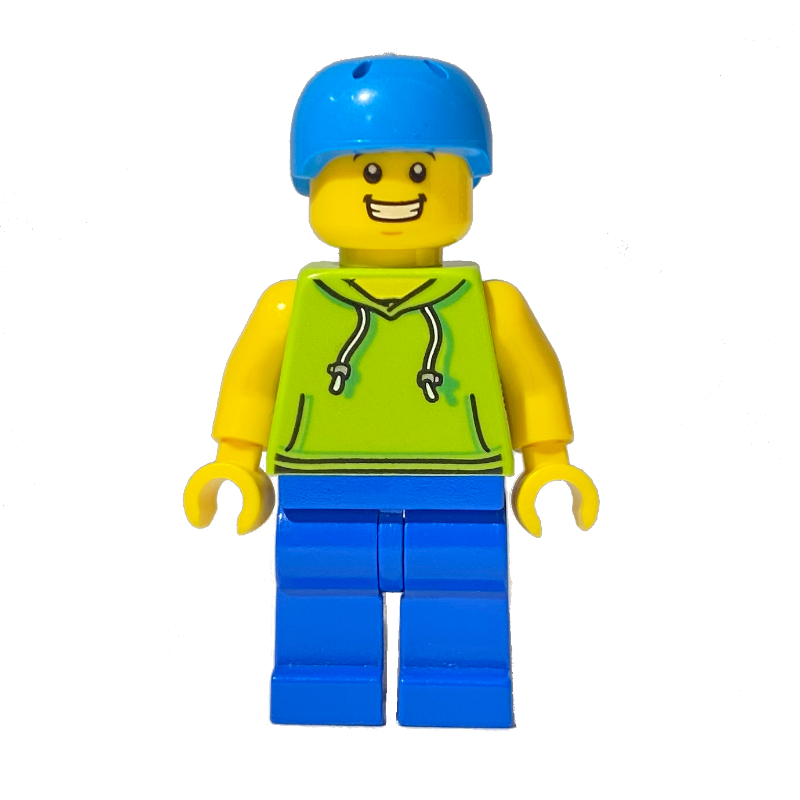 LEGO Man, Lime Hoodie, Blue Legs, Dark Azure Helmet (fig-009859)