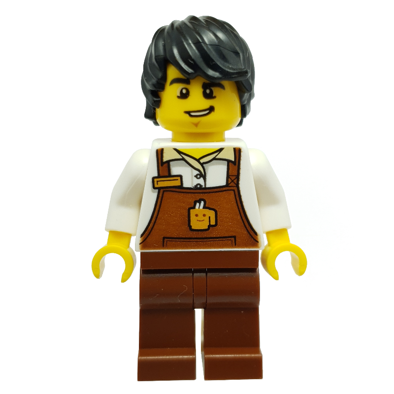 LEGO Barista, Man, White Torso, Reddish Brown Apron, Black Hair (fig-009861)