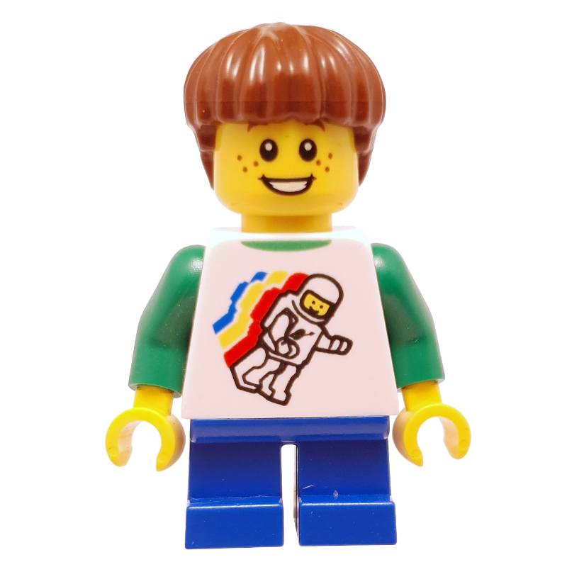 LEGO Boy, Floating Classic Spaceman on Shirt, Short Blue Legs, Reddish Brown Hair (fig-009862)
