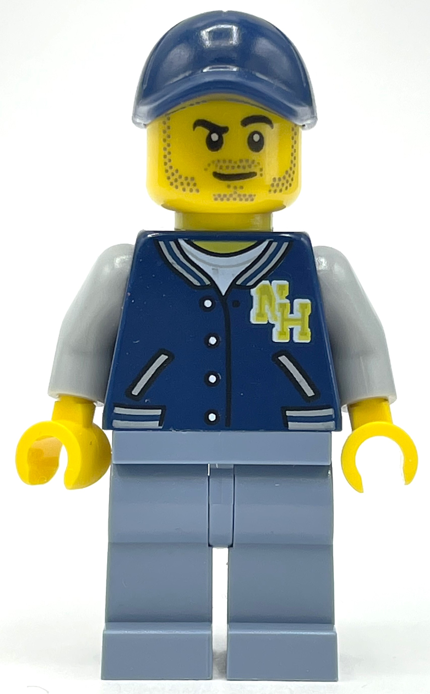 LEGO Man, Dark Blue Letterman Shirt with 'NH', Sand Blue Legs, Dark Blue Cap, Stubble (fig-009863)