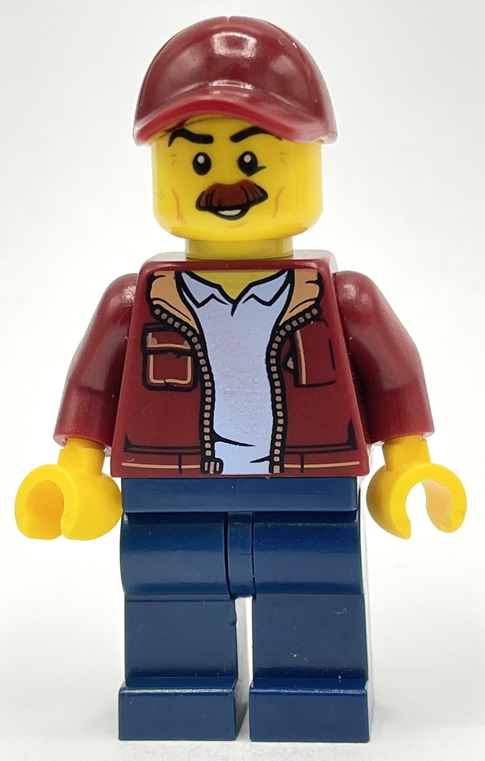 LEGO Man, Open Dark Red Jacket, Dark Blue Legs, Dark Red Cap, Moustache (fig-009865)