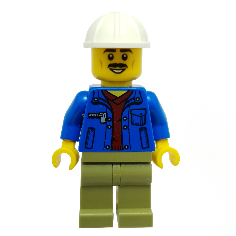 LEGO Construction Worker, Blue Jacket, Olive Green Legs, White Hard Hat, Moustache (fig-009867)