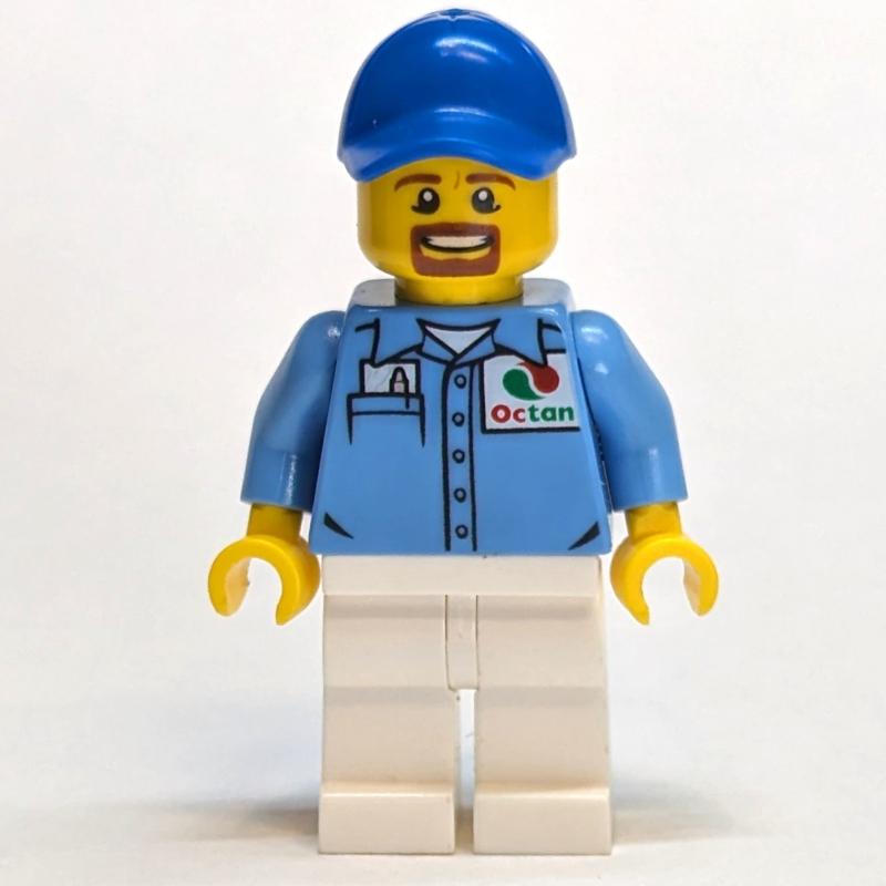 LEGO Man, Medium Blue Shirt with Octan Logo, White Legs, Blue Cap, Goatee Beard (fig-009868)