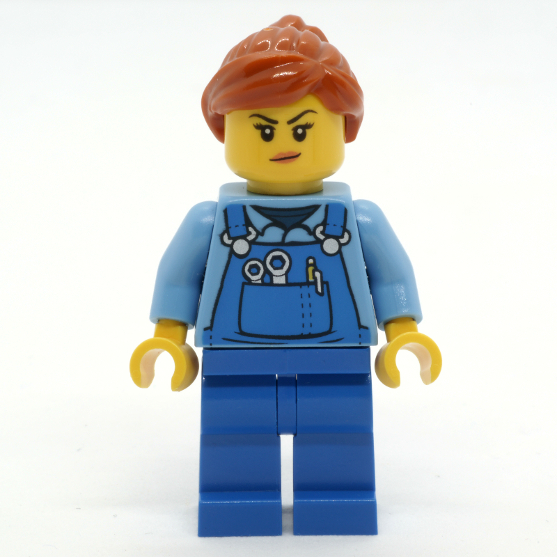 LEGO Woman, Blue Overalls over Shirt, Dark Orange Hair, Dirt Stains (fig-009869)
