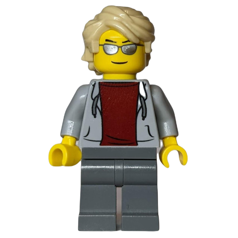 LEGO Man, Light Bluish Gray Hoodie over Dark Red Shirt, Dark Bluish Gray Legs, Tan Hair, Silver Sunglasses (fig-009870)