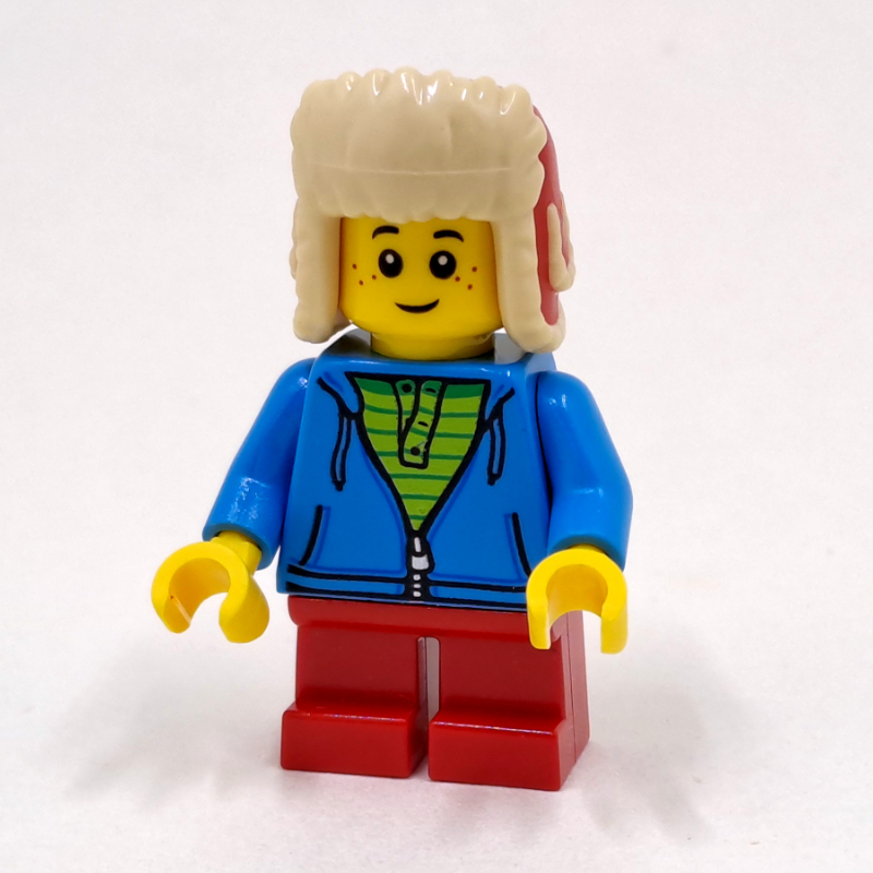 LEGO Boy, Open Dark Azure Hoodie with Zipper, Short Red Legs, Red Ushanka Hat (fig-009969)