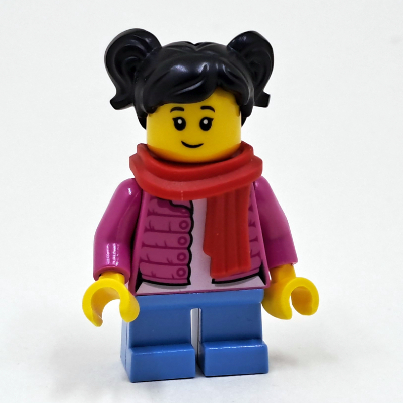LEGO Girl, Open Dark Pink Jacket, Short Medium Blue Legs, Red Scarf, Black Hair (fig-009970)