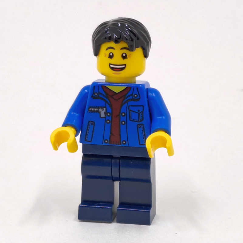 LEGO Man, Open Blue Jacket over Dark Red Shirt, Dark Blue Legs, Black Hair (fig-009972)