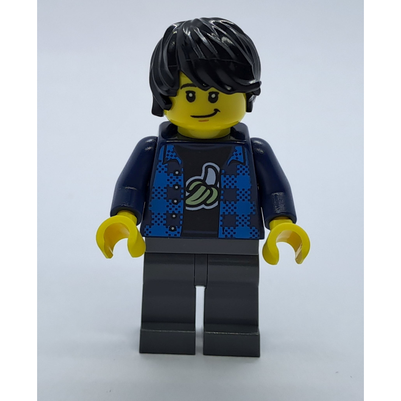 LEGO Man, Open Dark Blue Flannel Shirt over Top with Banana, Dark Bluish Gray Legs, Black Hair (fig-009973)