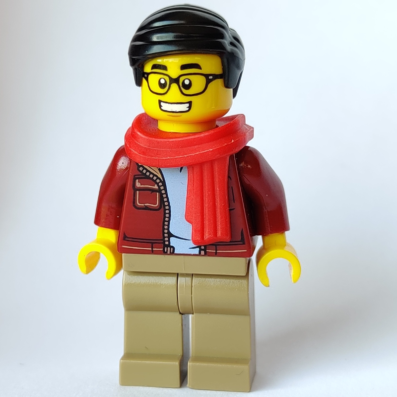 LEGO Man, Open Dark Red Jacket, Dark Tan Legs, Red Scarf, Black Hair, Glasses (fig-009974)