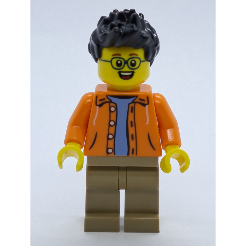 LEGO Man, Open Orange Jacket over Light Blue Shirt, Black Hair, Glasses (fig-009975)
