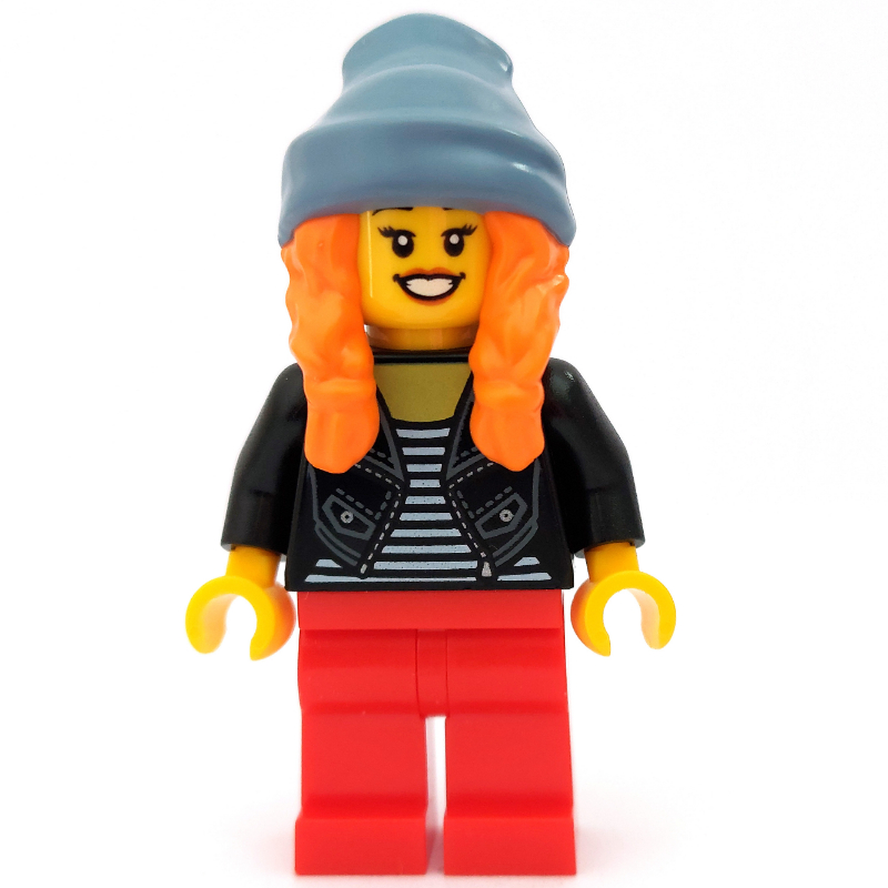 LEGO Woman, Open Black Jacket over Black and White Striped Top, Red Legs, Sand Blue Beanie Hat with Hair (fig-009979)