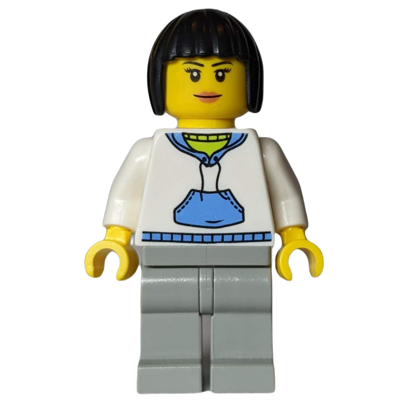 LEGO Woman, White and Blue Hoodie, Light Bluish Gray Legs, Black Hair (fig-009980)