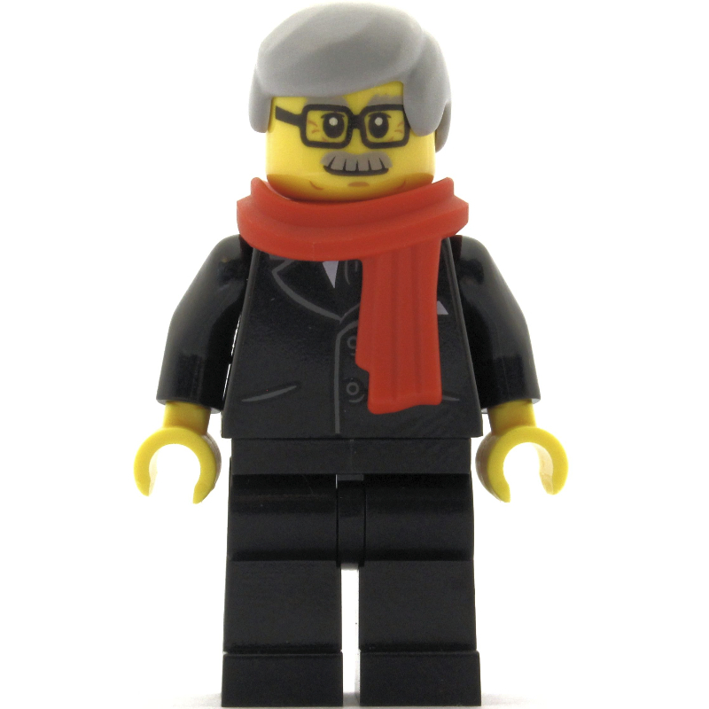LEGO Man, Black Suit with Tie, Red Scarf, Light Bluish Gray Hair, Moustache and Glasses (fig-009986)