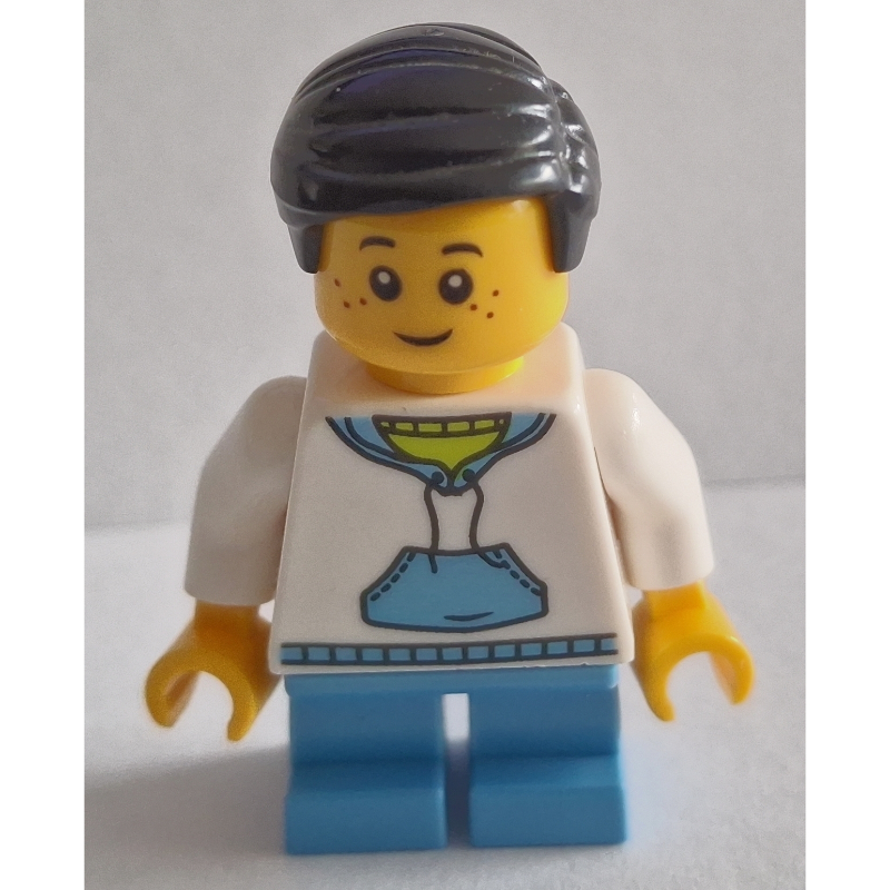LEGO Boy, White and Blue Hoodie, Short Medium Blue Legs, Black Hair (fig-010003)