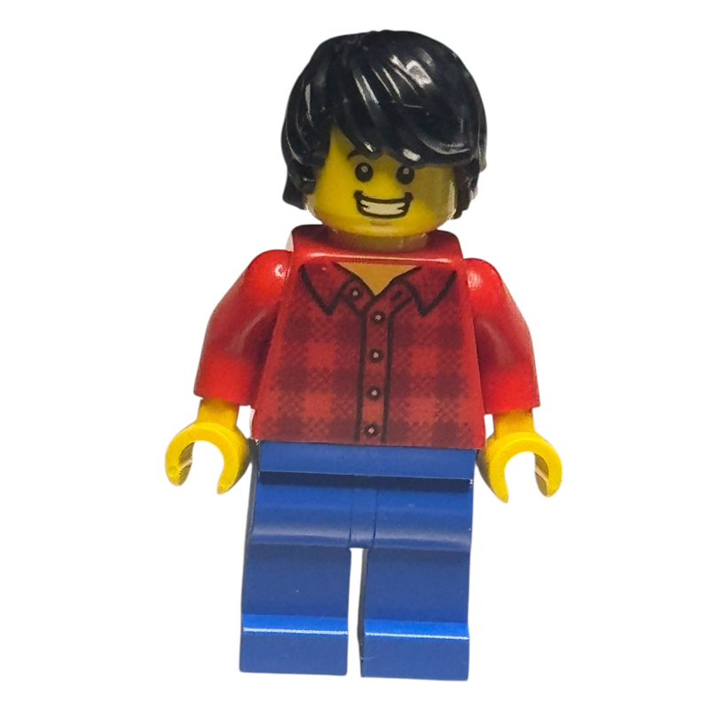 LEGO Man, Red Flannel Shirt, Blue Legs, Black Hair, Clenched Teeth Smile (fig-010009)