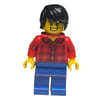 Man, Red Flannel Shirt, Blue Legs, Black Hair, Clenched Teeth Smile