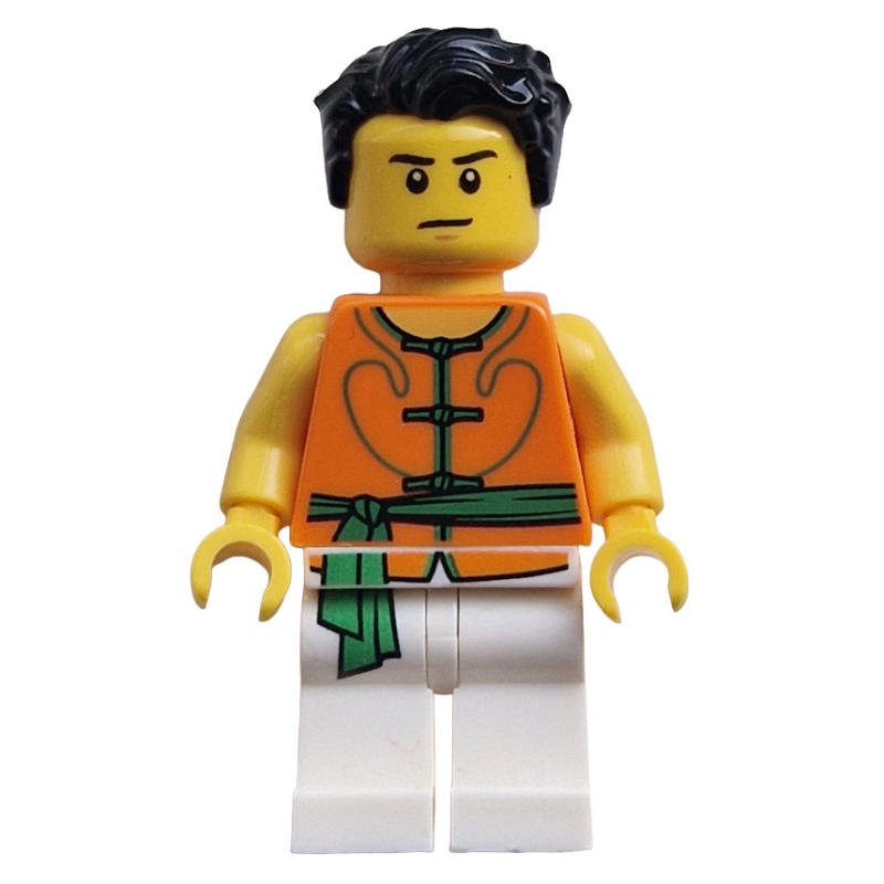 LEGO Racer, White and Orange Robe with Ties and Sash Belt, Black Hair, Scared / Neutral (fig-010014)