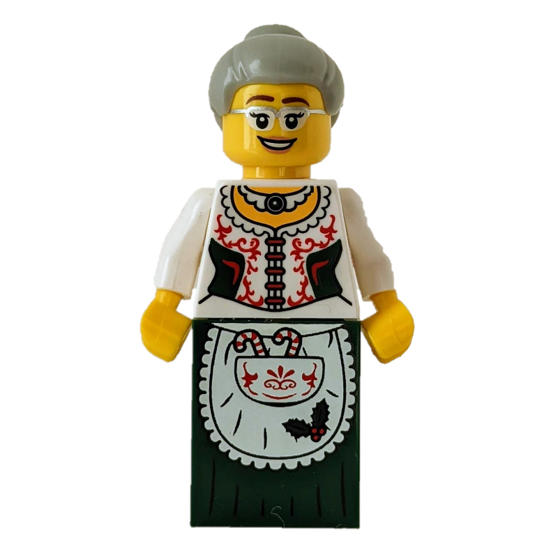 LEGO Mrs. Claus, White Corset with Red Sides, Apron with Candy Canes, Dark Green Dress (fig-010020)