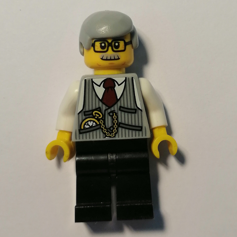 LEGO Man, Light Bluish Gray Vest over White Shirt, Black Legs, Light Bluish Gray Hair, Moustache and Glasses (fig-010027)