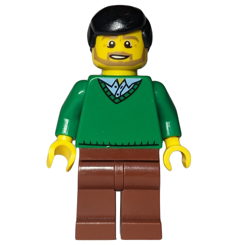 LEGO Man, Green V-Neck Sweater, Reddish Brown Legs, Black Hair, Beard (fig-010028)