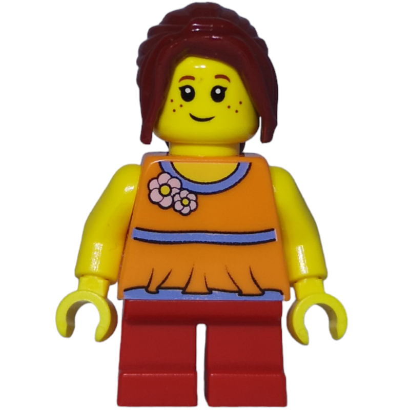 LEGO Girl, Orange Top, Short Red Legs, Dark Red Hair (fig-010030)