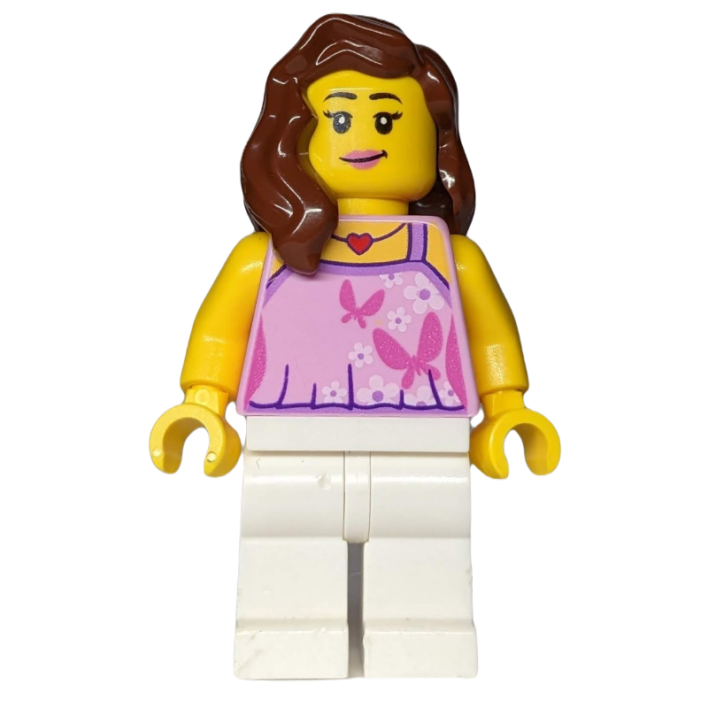 LEGO Woman, Bright Pink Halter Top with Butterflies, White Legs, Reddish Brown Hair (fig-010035)