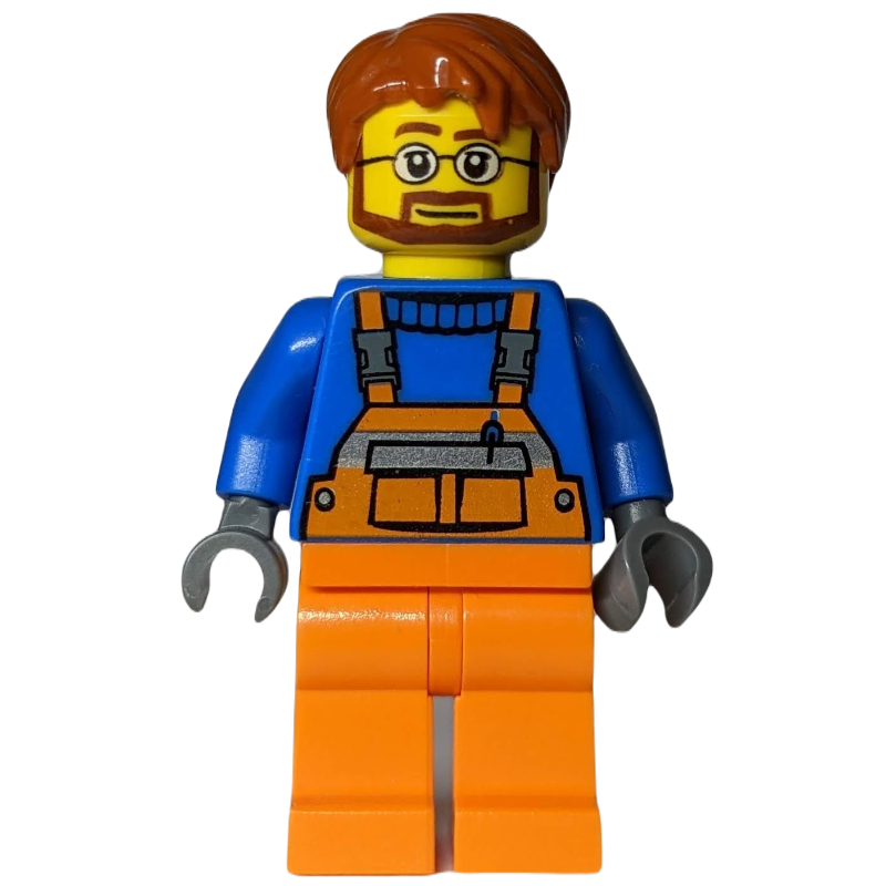LEGO Ground Crew, Orange Overalls over Blue Sweater, Dark Orange Hair, Beard and Glasses (fig-010040)