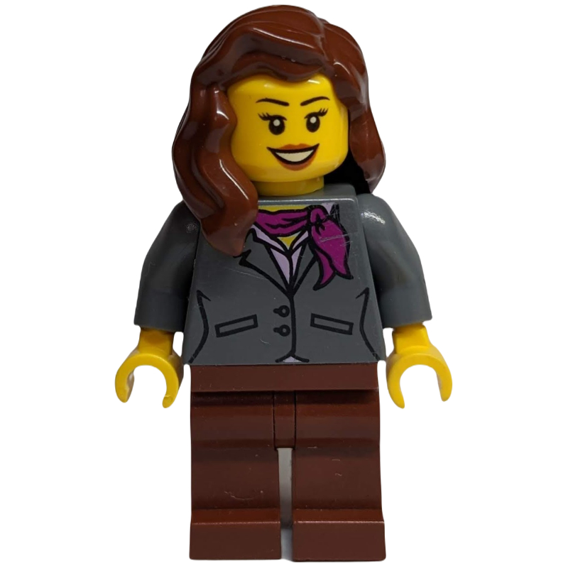 LEGO Woman, Dark Bluish Gray Jacket with Magenta Scarf, Reddish Brown Legs, Reddish Brown Hair (fig-010043)