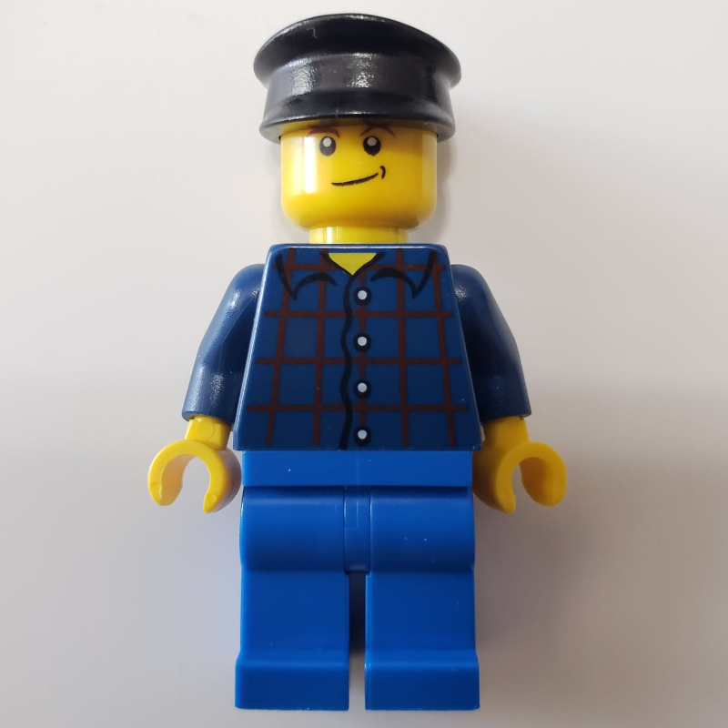 LEGO Man, Dark Blue Plaid Shirt, Blue Legs, Black Hat (fig-010044)