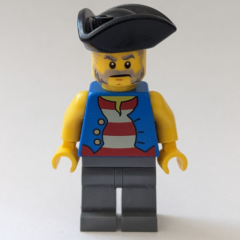 LEGO Pirate, Open Blue Vest over Red and White Striped Shirt, Black Tricorne Hat (fig-010122)