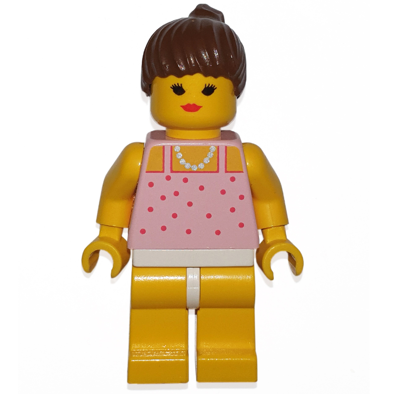 LEGO Woman, Pink Top with Spots, Yellow Legs, Brown Hair - Closed Mouth (fig-010383)
